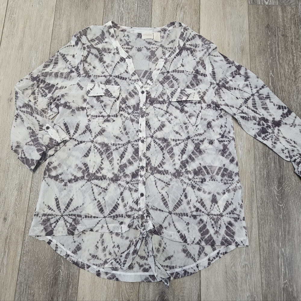 Chico's Sheer Tie Dye Knot Front Button Up Top Blouse Women's Large 2 Grey White